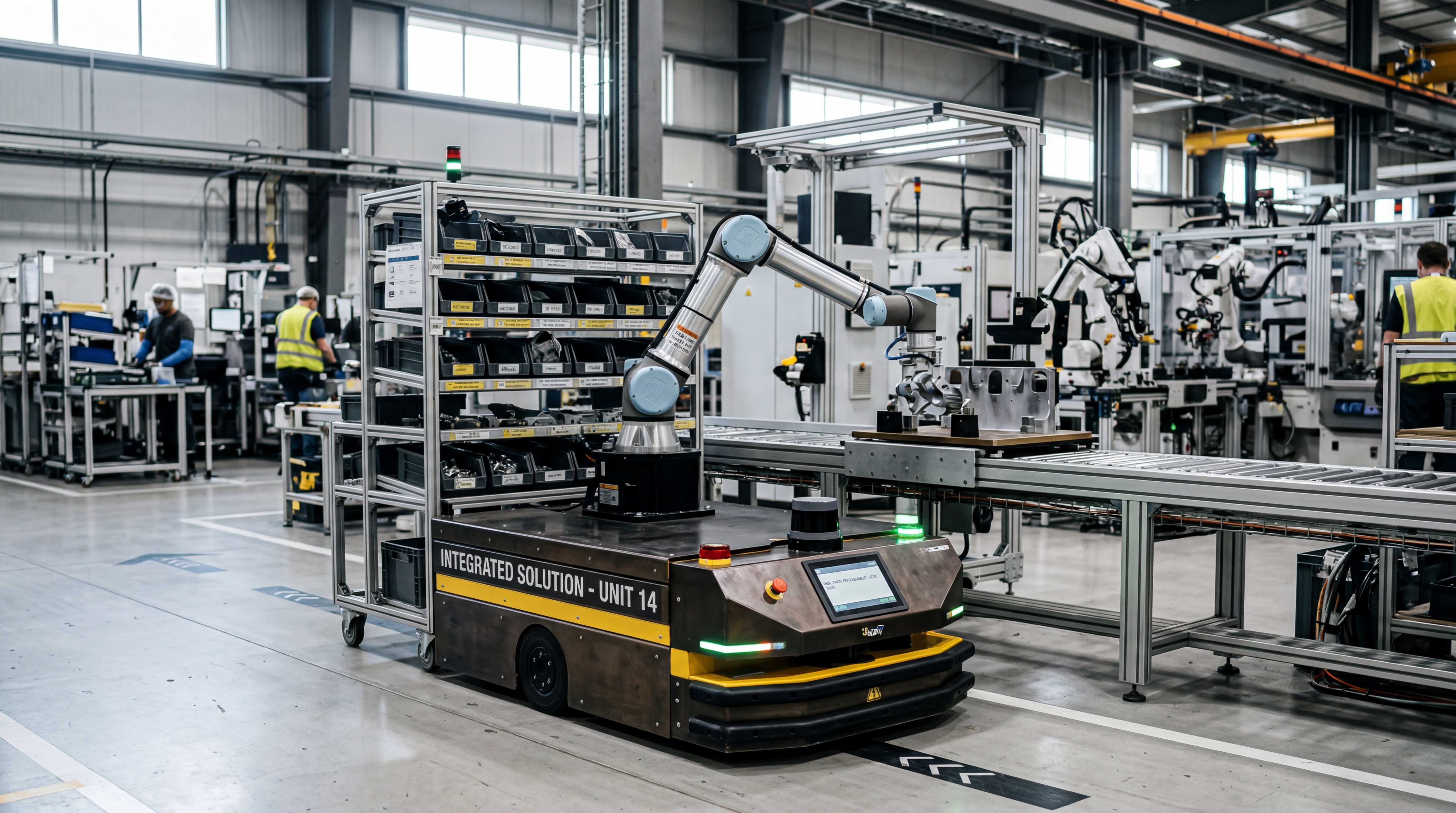 AMR mobile base integrated with a robotic arm, parts rack, and conveyor as a complete working unit in factory intralogistics